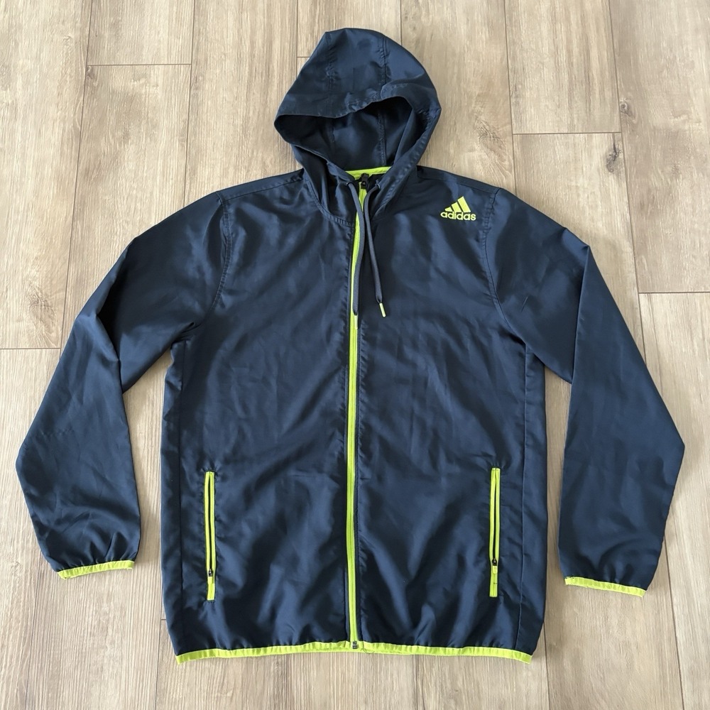 Adidas Men Jacket Large Lightweight Blue Green Windbreaker Full Zip Hoodie Mesh